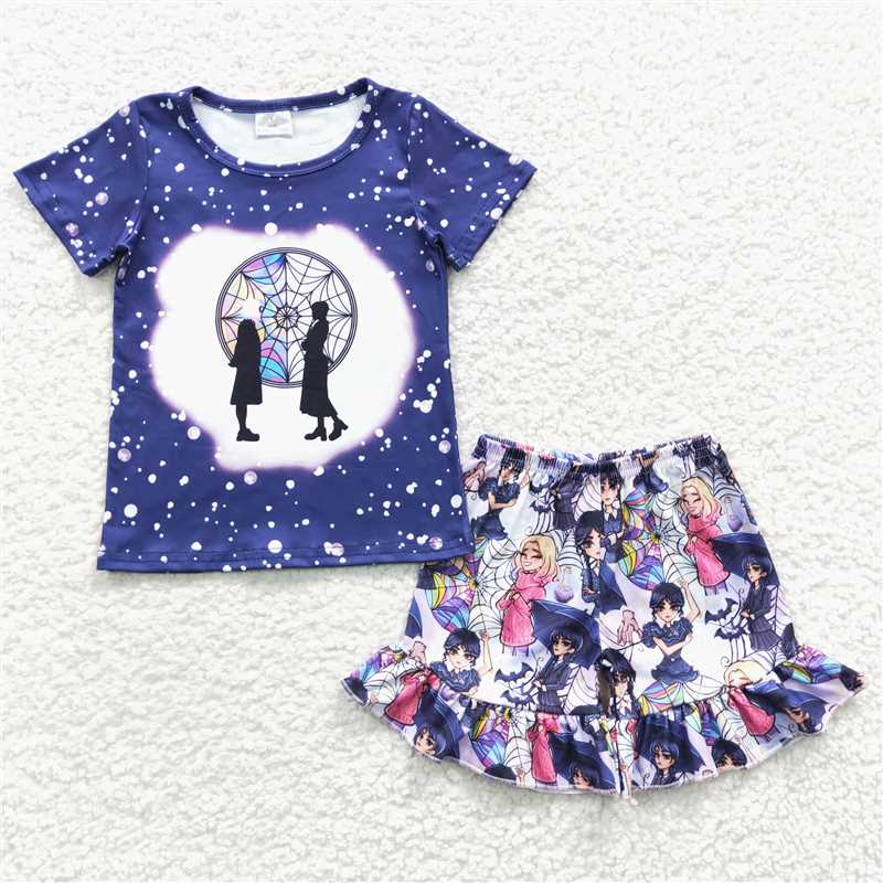 RTS NO MOQ Anime long braid girl print pattern short-sleeved shorts set & shorts skirt set