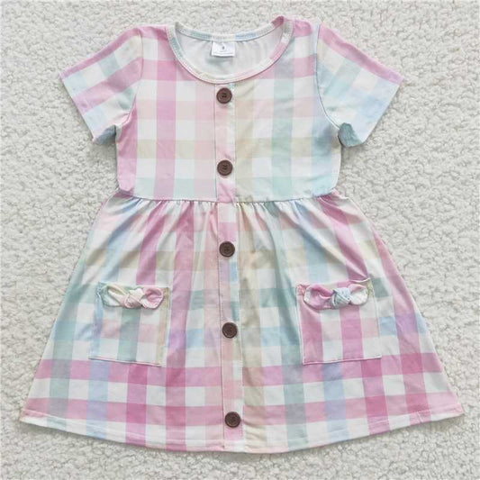 SALES NEW Baby Girls Pink Plaid Knee-Length Dress with Short Sleeves And Pocket for Spring/Summer