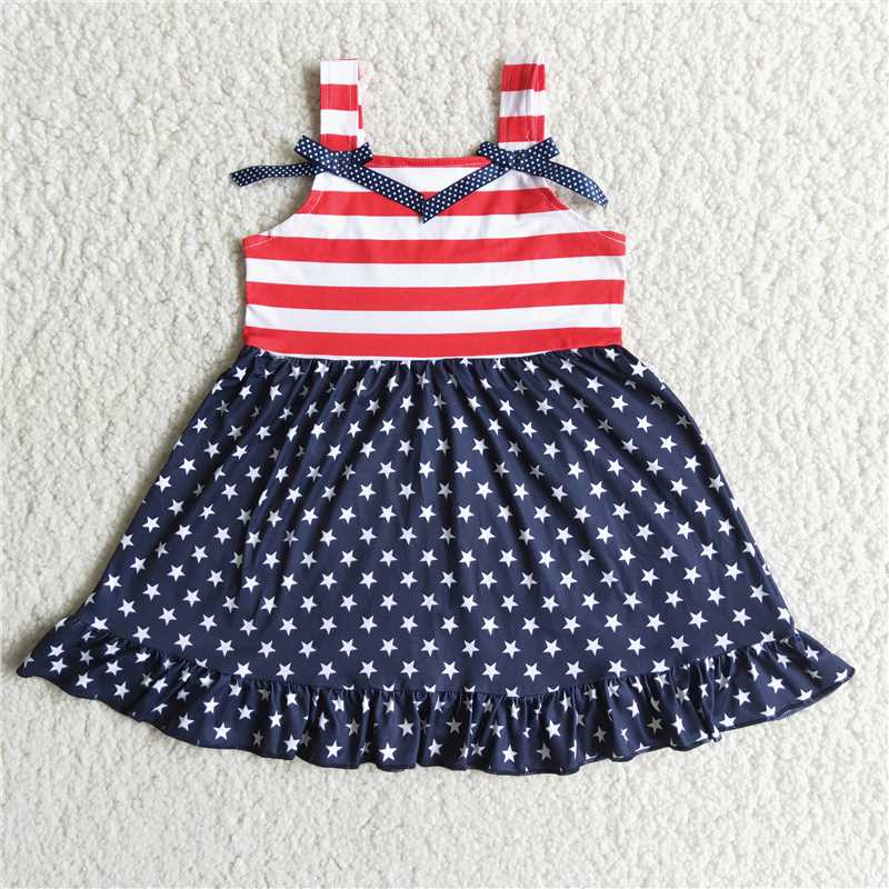 SALES NEW Baby Girls 4th of July Stripe Star Knee-Length Dresses Red White And Blue Cotton Blend Dress for Baby Girls