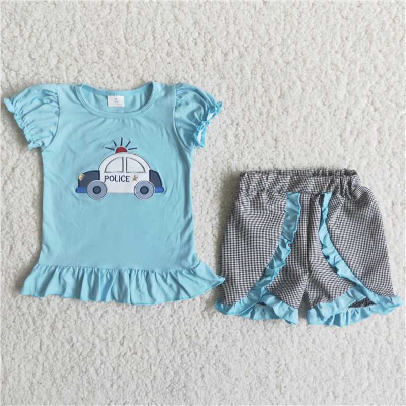 SALES  NEW Baby girls car blue embroidered ruffle shorts sets