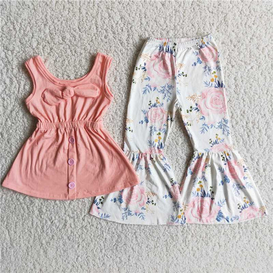 SALES NEW Baby Pink Bow Sleeveless Coral Top Floral Print Bell Pant Set Cute Girl's Casual Outfit