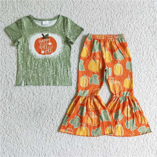 SALES NEW Baby Green Fringed Top Pumpkin Bell Bottom Pants Set Cute Outfit for Infants Baby Girl Boy Clothing Set