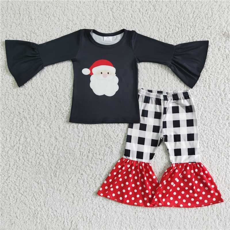RTS NO MOQ（In Stock) 6 A8-14 Christmas Black Bell Sleeve Top Plaid Polka Dot Flared Pants Set