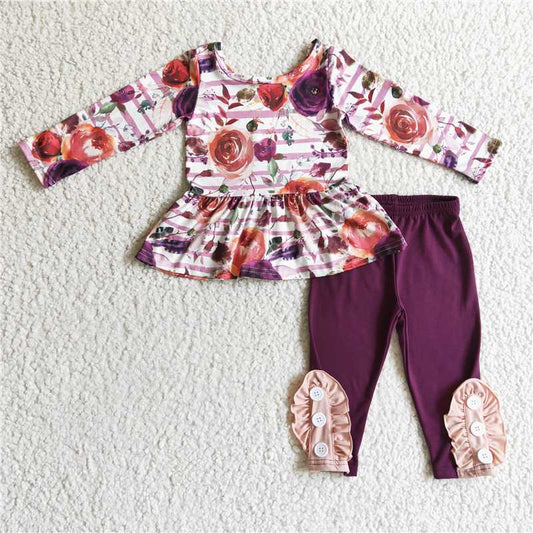6 B6-3 Kids Girls Maroon Floral Print Flared Peplum Top Elastic Waist Casual Pants Set