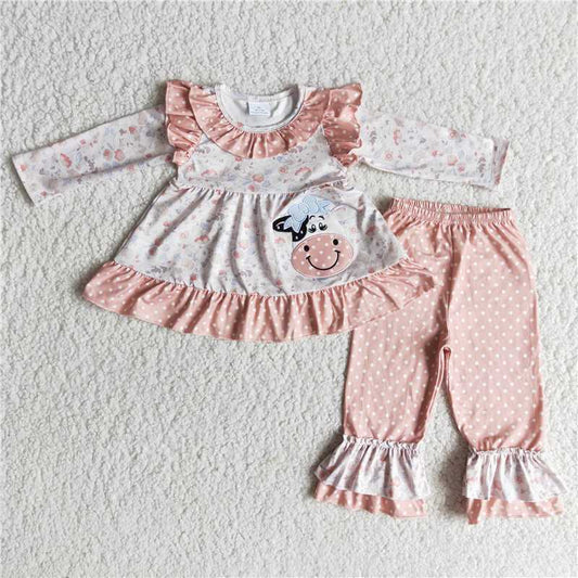 6 A26-30 Embroidered cow head pink long-sleeved top polka-dot trousers
