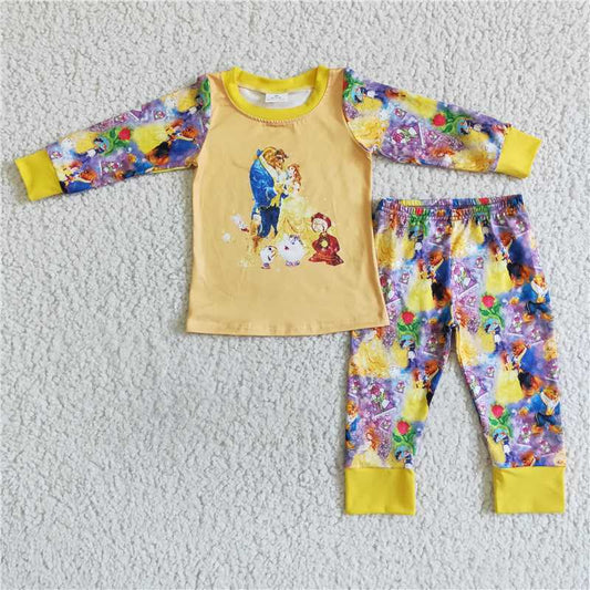6 B8-4 Kids Girls Yellow Long Sleeve Print Two Piece Casual Sleep Pajamas Set