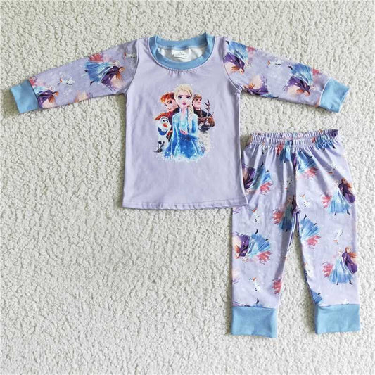6 A9-1 Girls Light Purple Long Sleeve Lovely Print Tops Pants Pajamas Set