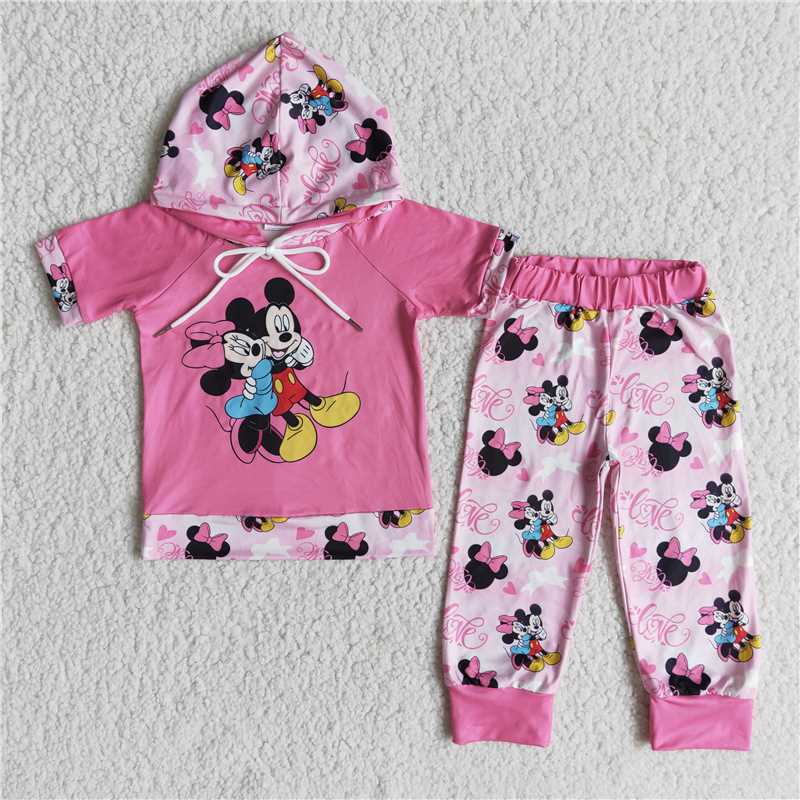 SALES NEW Baby Girls animal  Print Short Sleeve Hoodie And Pants Set Pink Comfortable Cotton Outfit for Infants