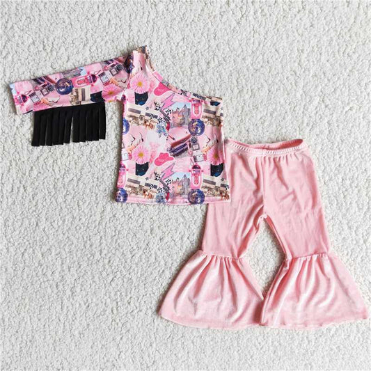 6 A30-18 Baby Girls Tassel Sleeve Cowgirl Button Front Shirt Velvet Straight Pants Set
