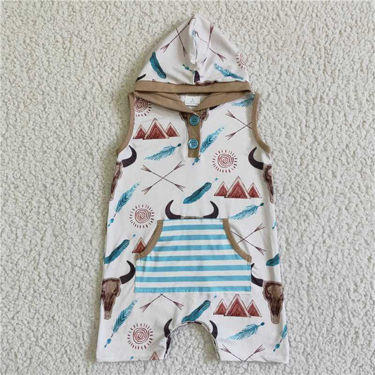 RTS NO MOQ（In Stock ) Boys Sleeveless Hooded Bull Head Button Feather Onesie