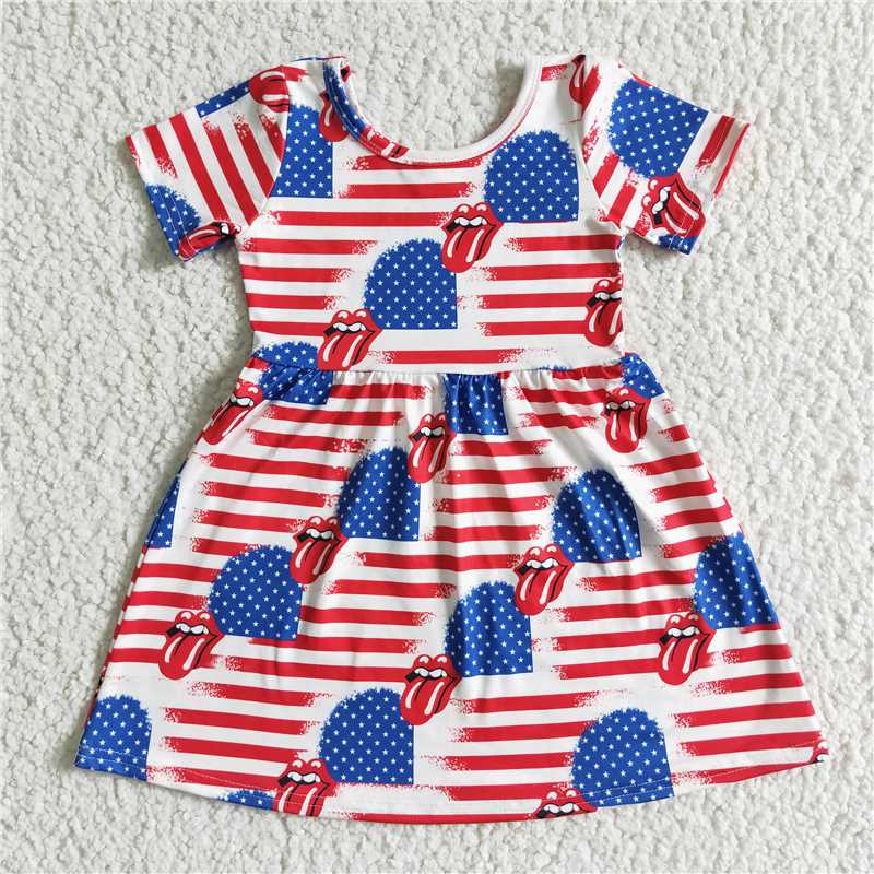 SALES NEW Baby Girls Summer 4th of July Stripes Knee Length Dress Mouth Design for Festive Occasions