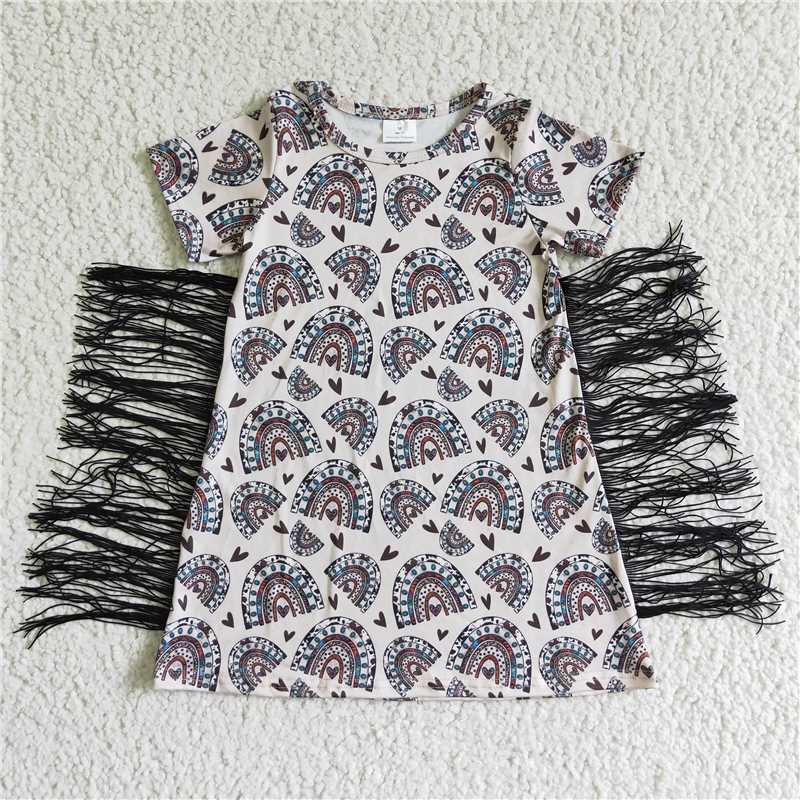 SALES NEW Baby Girls Western Rainbow Leopard Tassel Dresses Cute Ethnic Style Infant Clothing