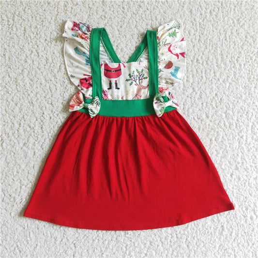 SALES NEW Baby Girls Knee-Length Christmas Dresses Red Color Festive Holiday Flutter Sleeves  for skrit