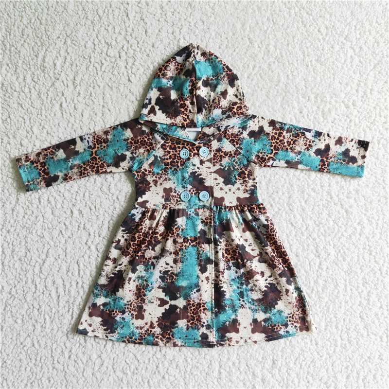 SALES  NEW Baby girls hooded blue cow west long sleeve dresses