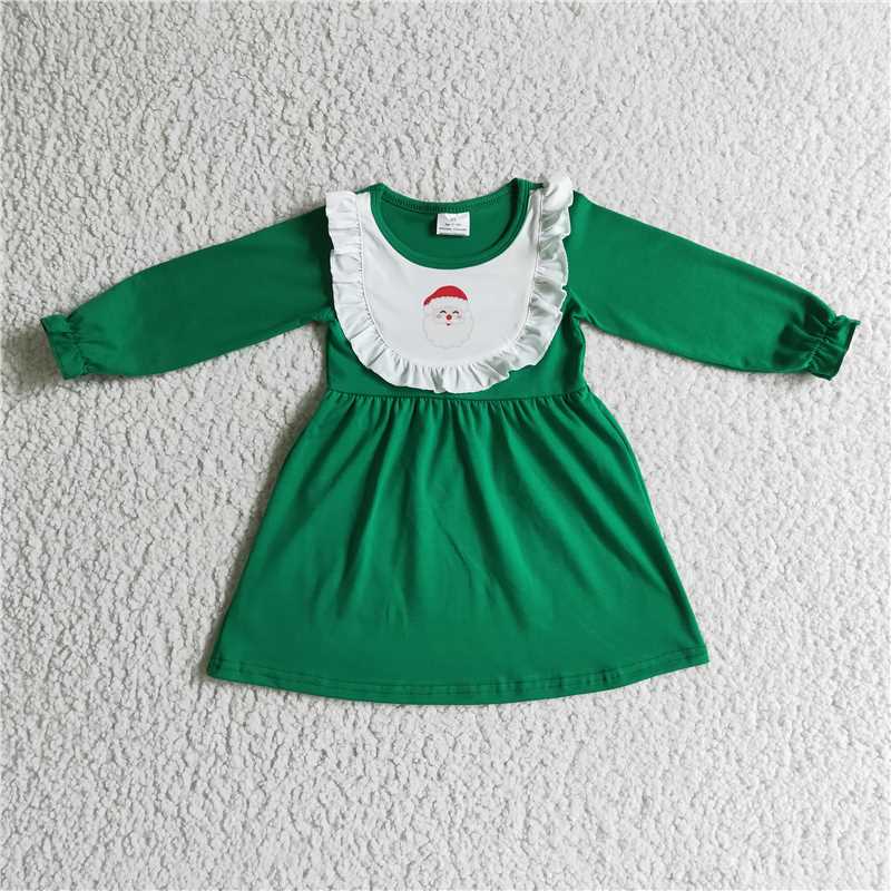 RTS NO MOQ Santa Claus Print White Pleated Round Neck Green Long Sleeve Dress & Romper & Top