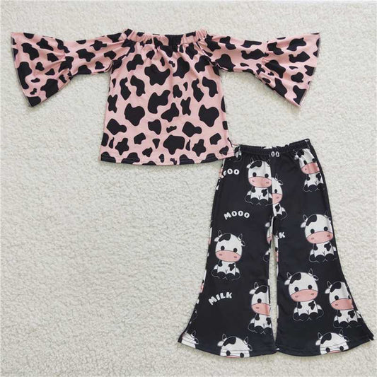 SALES  NEW Baby Girls Cow Print Bell Pants Clothes Set Pink Comfortable Soft Material Baby Outfit Set for Girls