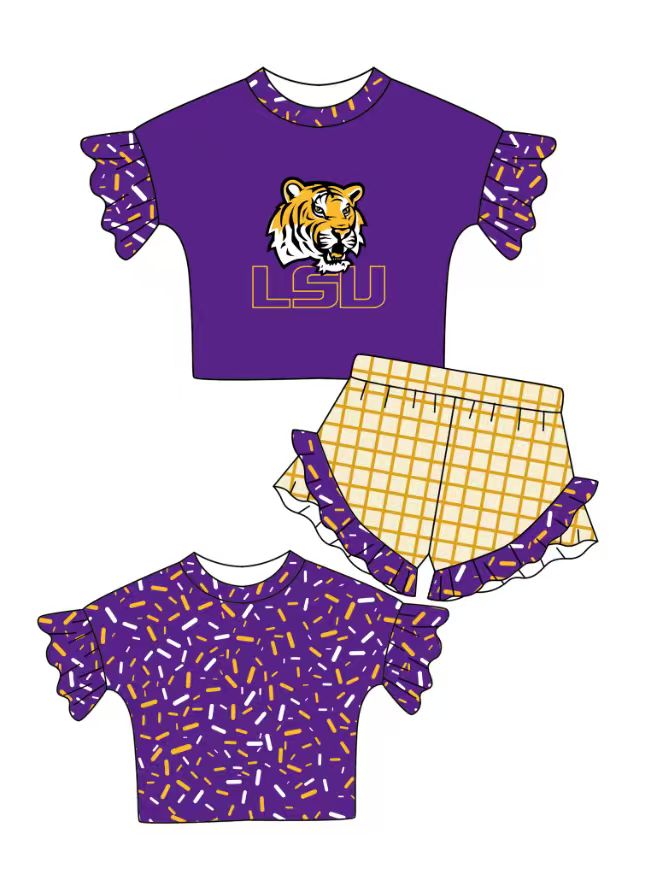 Custom moq 5 mix size milk silk summer teams baby girl clothes purple short sleeve shorts sets