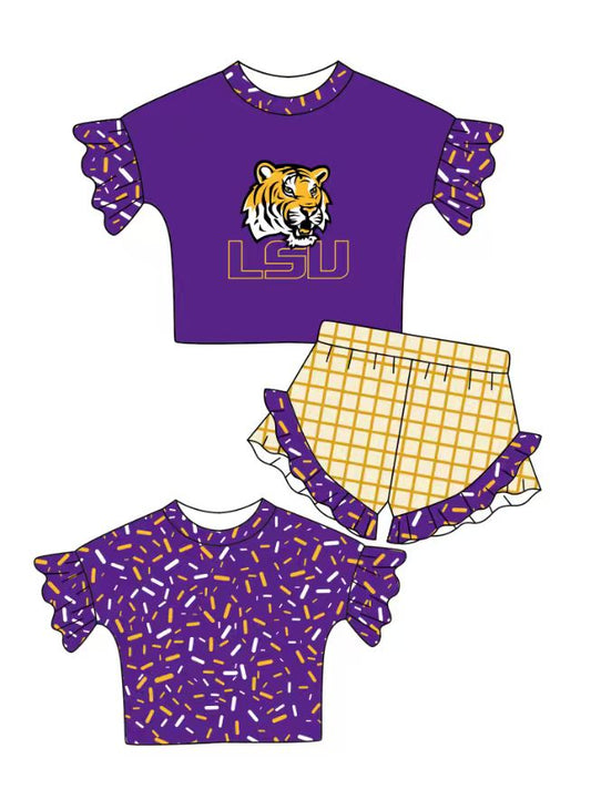 Custom moq 5 mix size milk silk summer teams baby girl clothes purple short sleeve shorts sets