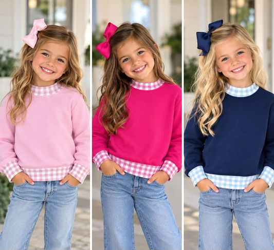 RTS NO MOQ Sibling fleece Baby Girls Solid Color Long Sleeve Sweatshirt With Gingham Check Trim Collar Cuff Hem