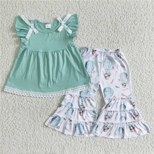 SALES NEW Girls Green Top with White Bow Rabbit Balloon Bell Set Children's Fashion Outfit for Kids Party Wear