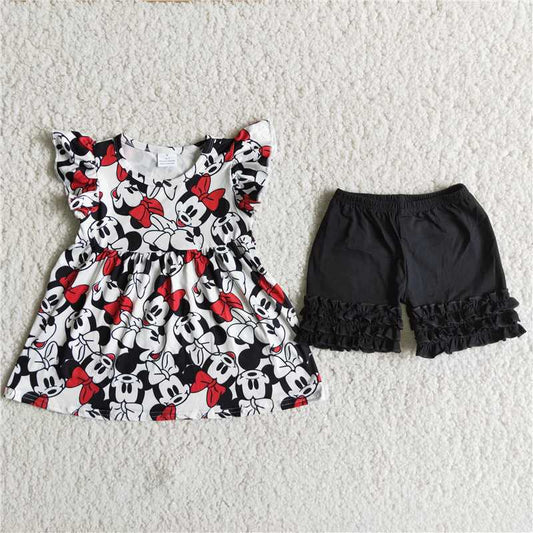 Cute Clothes D12-1 Girl Flutter Sleeve Top And Black Shorts Summer Outfit