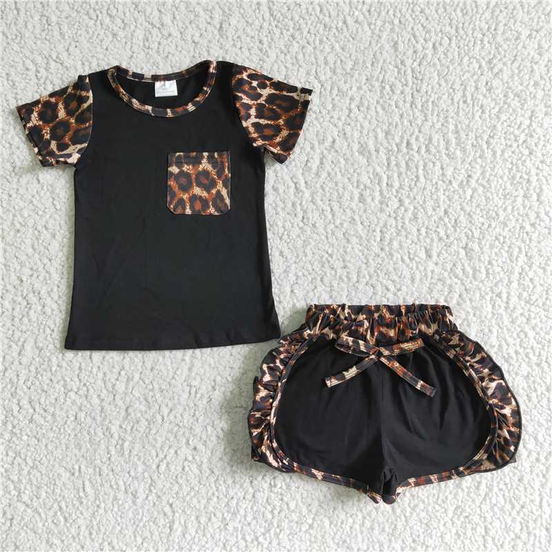 RTS no moq C1-21 +C4-12  Pink Leopard Print Pocket Tie Trousers Set Black lace-up shorts with leopard pockets
