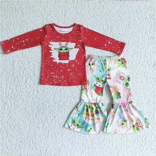 6 A33-27 Cute Clothes Baby Girls Christmas Print Long Sleeve Top Bell Bottom Pants Casual Outfit Set