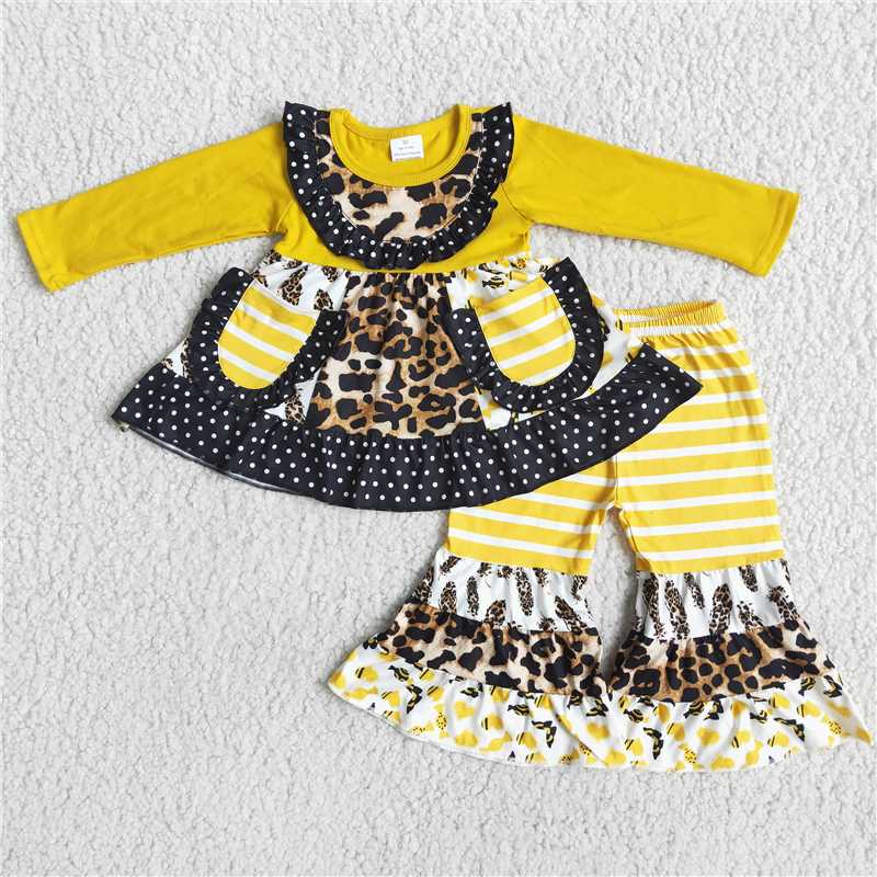 SALES  NEW Baby Girls Mustard Leopard Print Pocket Bell Bottom Pants Set Cute And Fashionable Outfit for Infants