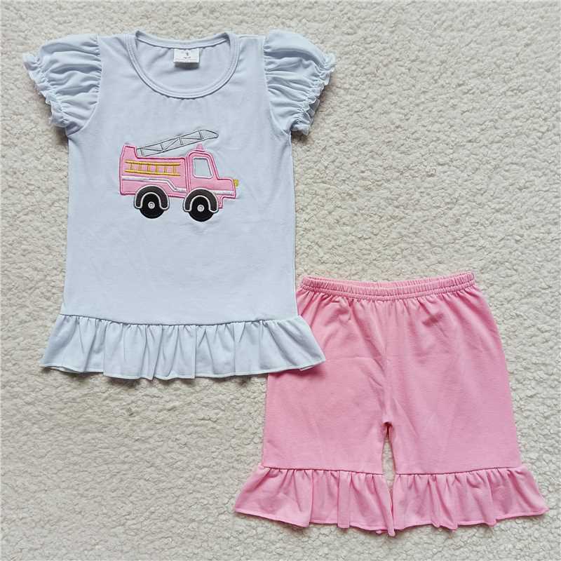 RTS NO MOQ B3-4 B3-13  Embroidered Fire Truck Pattern Boys and Girls Short Sleeve Shorts Set