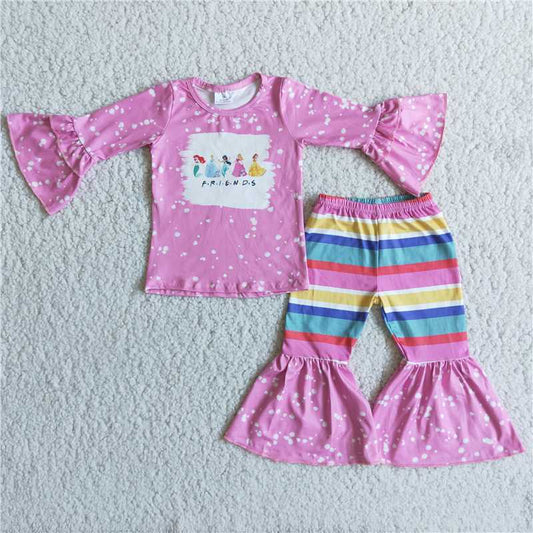 6 C8-3 Baby Girls Pink  Print Long Sleeve Top Bell Bottom Pants Casual Outfit Set