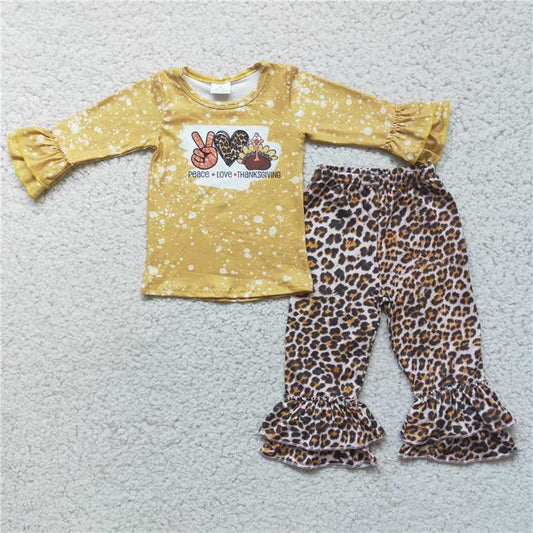 6 A1-1 Kids Girls Thanksgiving Letter Print Long Sleeve Top Elastic Waist Leopard Ruffle Hem Pants Set