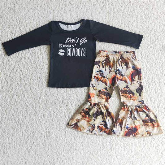 6 C6-6 Baby Girls Black Print Long Sleeve Top Cowgirls Horse Bell Bottom Pants Casual Outfit Set