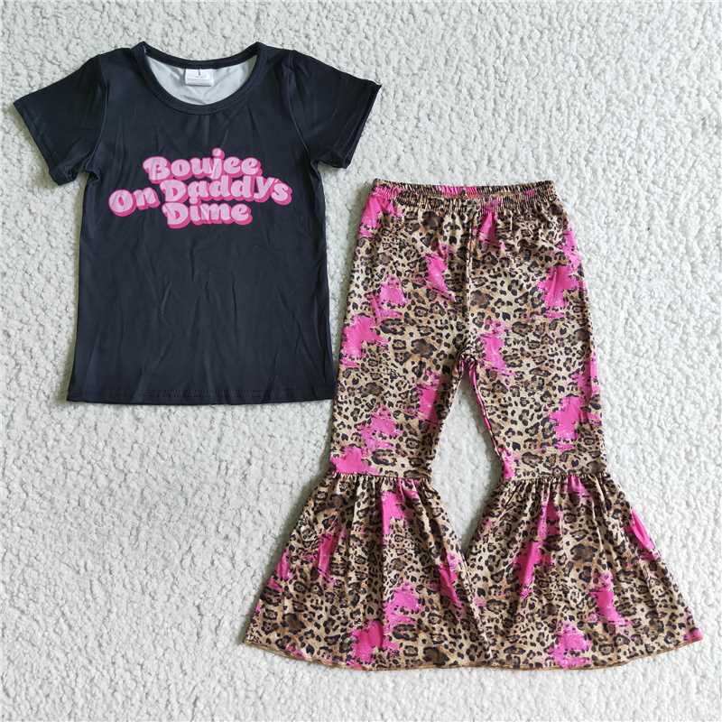 SALES NEW Baby Girls Black Short-Sleeve Top And Leopard Print Bell Pants Set Cute Outfit with Lettering for Infants