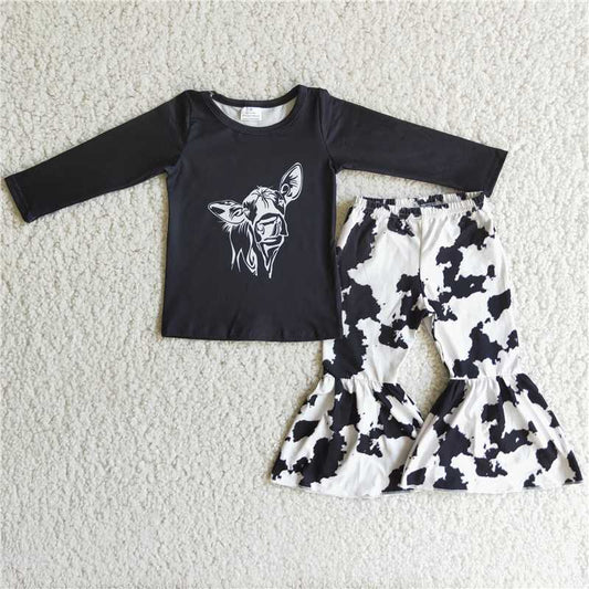 6 C9-20 Baby Girls Black Print Long Sleeve Top Bell Bottom Pants Casual Outfit Set