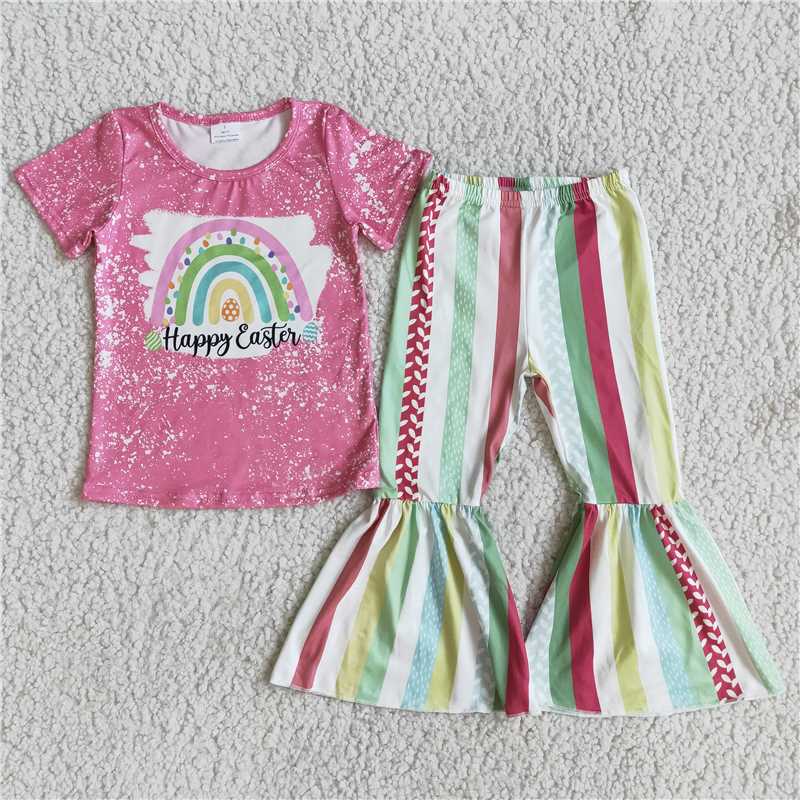 SALES NEW Girls Easter Outfit Pink Short Sleeve Top with Bell Pant Set for Spring Season