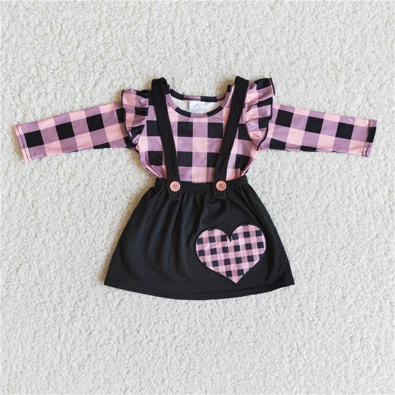 RTS NO MOQ（In Stock) Small flying sleeve plaid top with embroidered heart and black suspender skirt