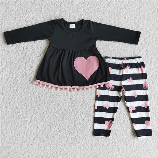6 A27-29 Baby Girls Heart Embroidery Long Tunic Top Leggings Clothing Set