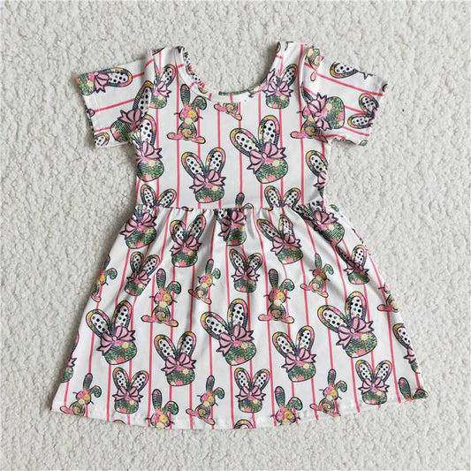 SALES NEW Baby Girls Easter Bunny Stripes Short Sleeve Knee-Length Dresses Cute Spring Summer Outfit for Kids