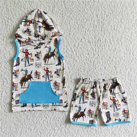 BSSO0061 Baby boys western hoodie top summer shorts sets