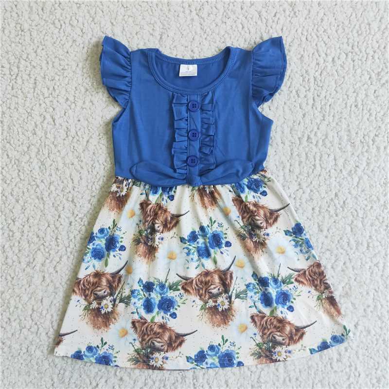 SALES NEW Baby Girls Western Cow Blue Top Dresses Cute Print Cotton Blend Outfit for Little Ones