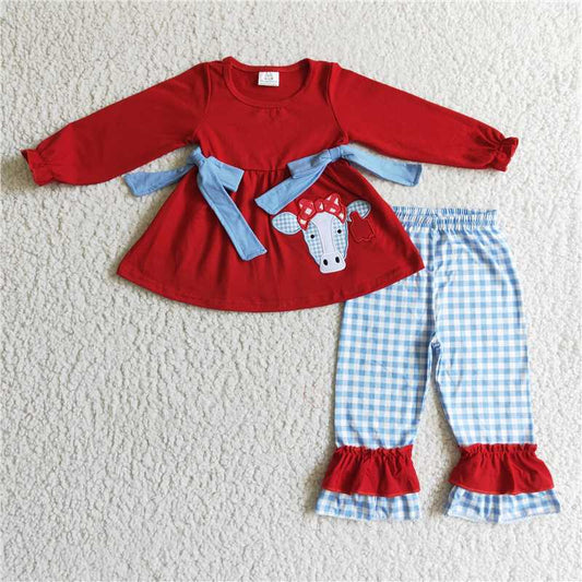 SALES  NEW Baby Girls Red Cow Pattern Clothes Set Comfortable Cotton Pants Outfit for Infants