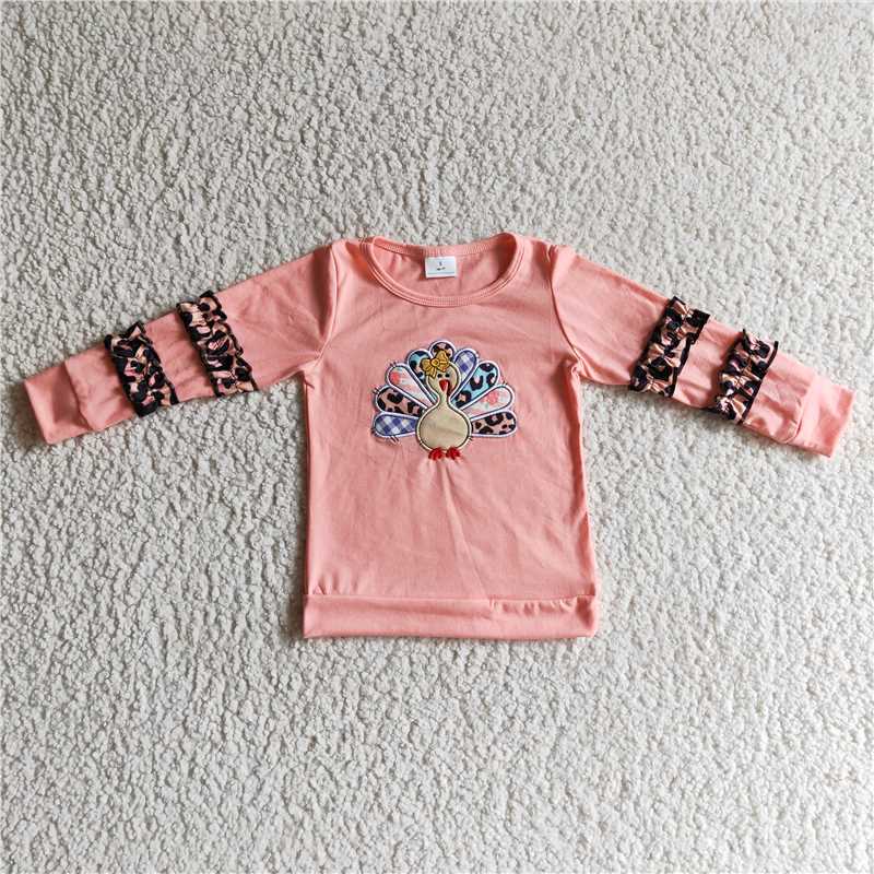 RTS NO MOQ LR0146 GLP0203 GT0040 Embroidered turkey pattern orange and pink pleated long-sleeved suit & romper & top