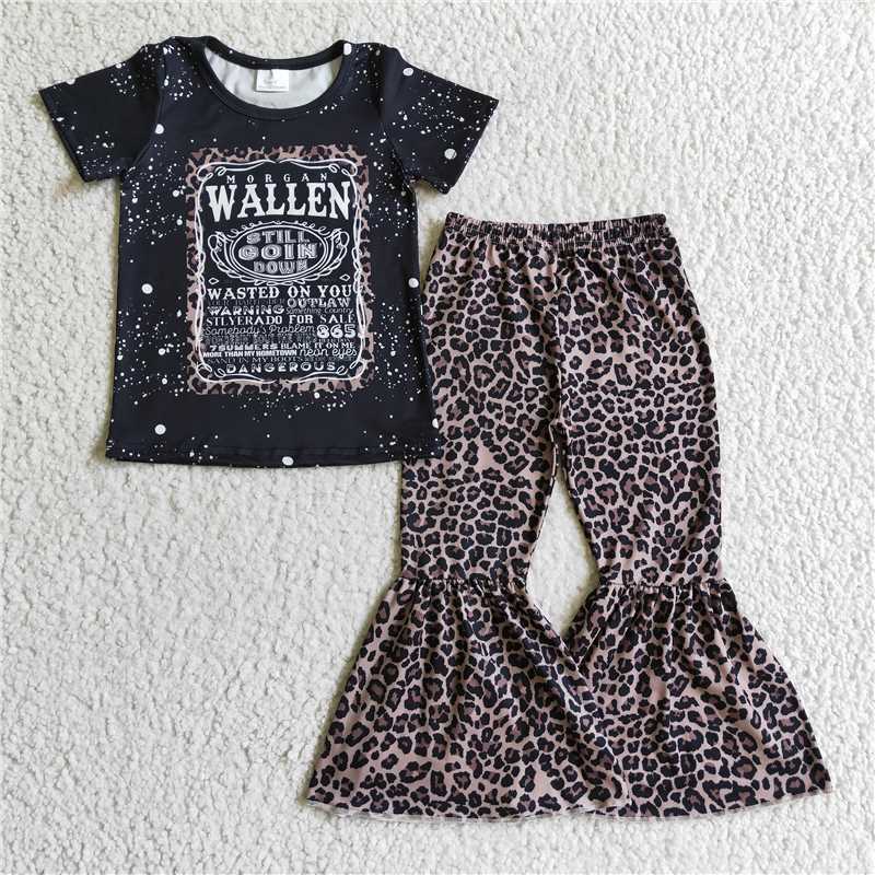 SALES NEW Baby Girls Black Short Sleeve Leopard Print Outfit Set with Bell Pants Cute Print Baby Clothing Set