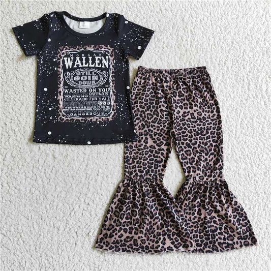 SALES NEW Baby Girls Black Short Sleeve Leopard Print Outfit Set with Bell Pants Cute Print Baby Clothing Set