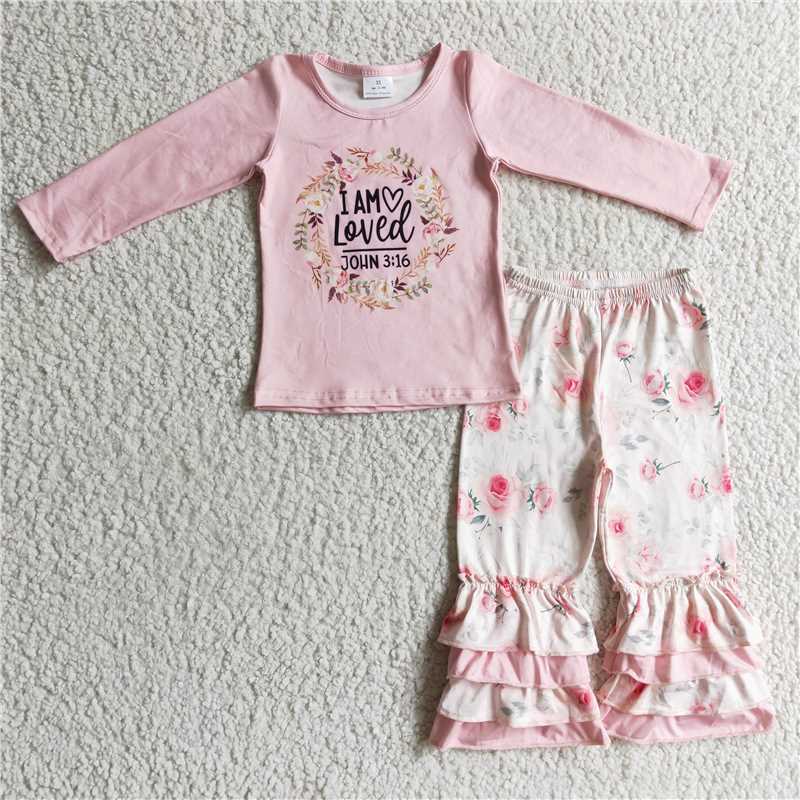 SALES  NEW Baby Girls Pink Floral Top with Ruffle Pants Set Cute And Elegant Outfit