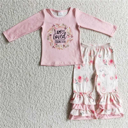 SALES  NEW Baby Girls Pink Floral Top with Ruffle Pants Set Cute And Elegant Outfit