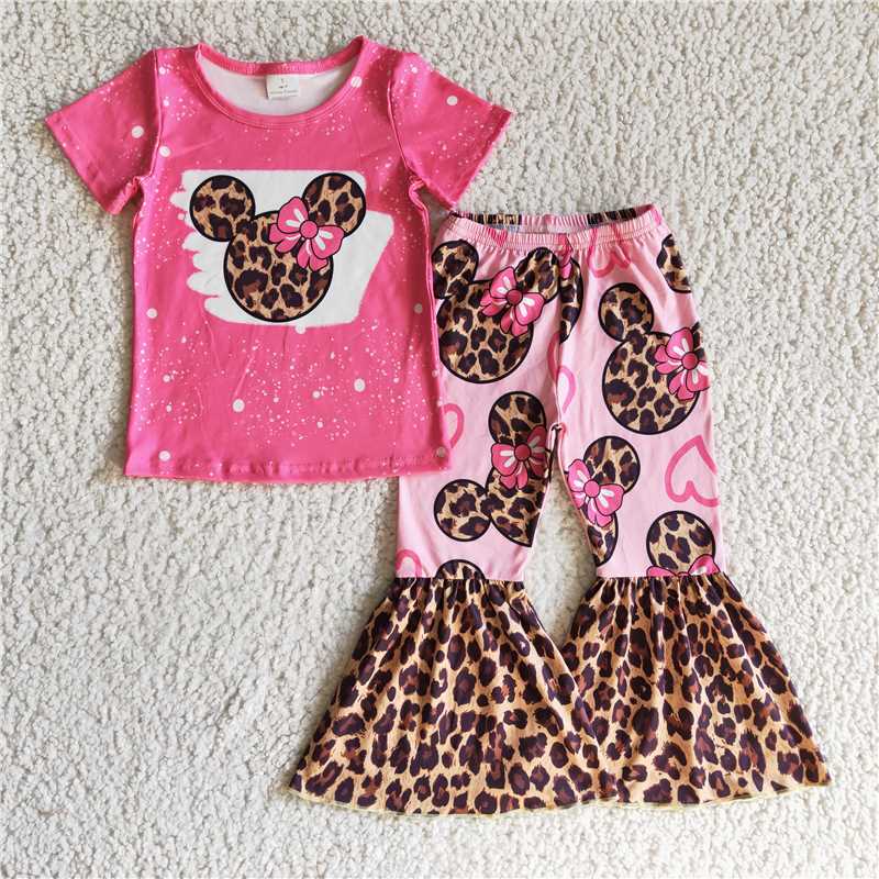 SALES NEW Baby Girls Pink Short Sleeve Leopard Pants Outfit Set Cute Casual Clothing Combo for Infants