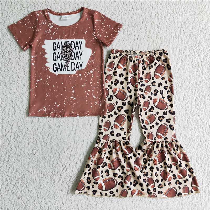 SALES NEW Baby Girls Short Sleeve Leopard Football Bell Pants Set Cute Outfit Toddler Girls Clothing Set