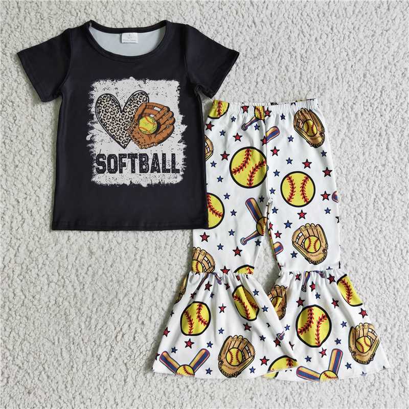 SALES NEW Baby Girls Black Short Sleeve Softball Bell Pants Set Cute Sporty Outfit for Little Ones