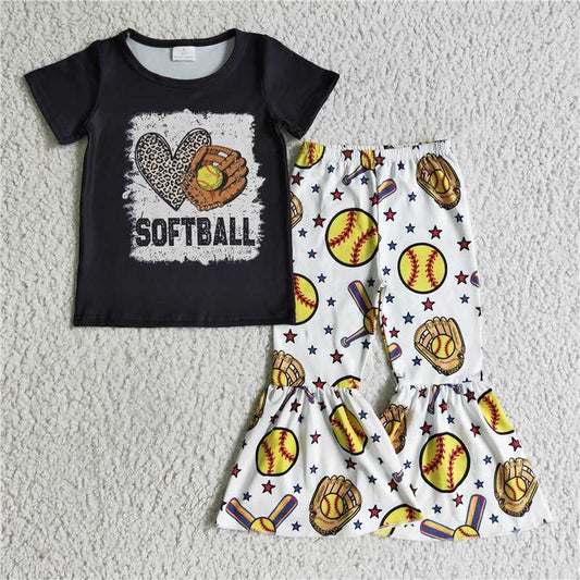 SALES NEW Baby Girls Black Short Sleeve Softball Bell Pants Set Cute Sporty Outfit for Little Ones